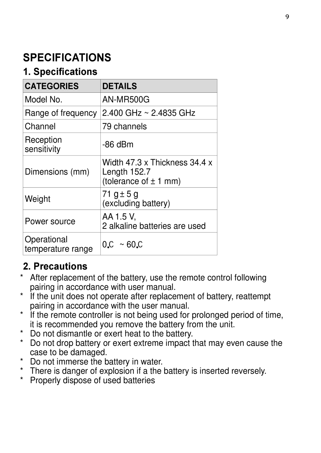 LG Electronics AN-MR500G owner manual Specifications, Precautions 