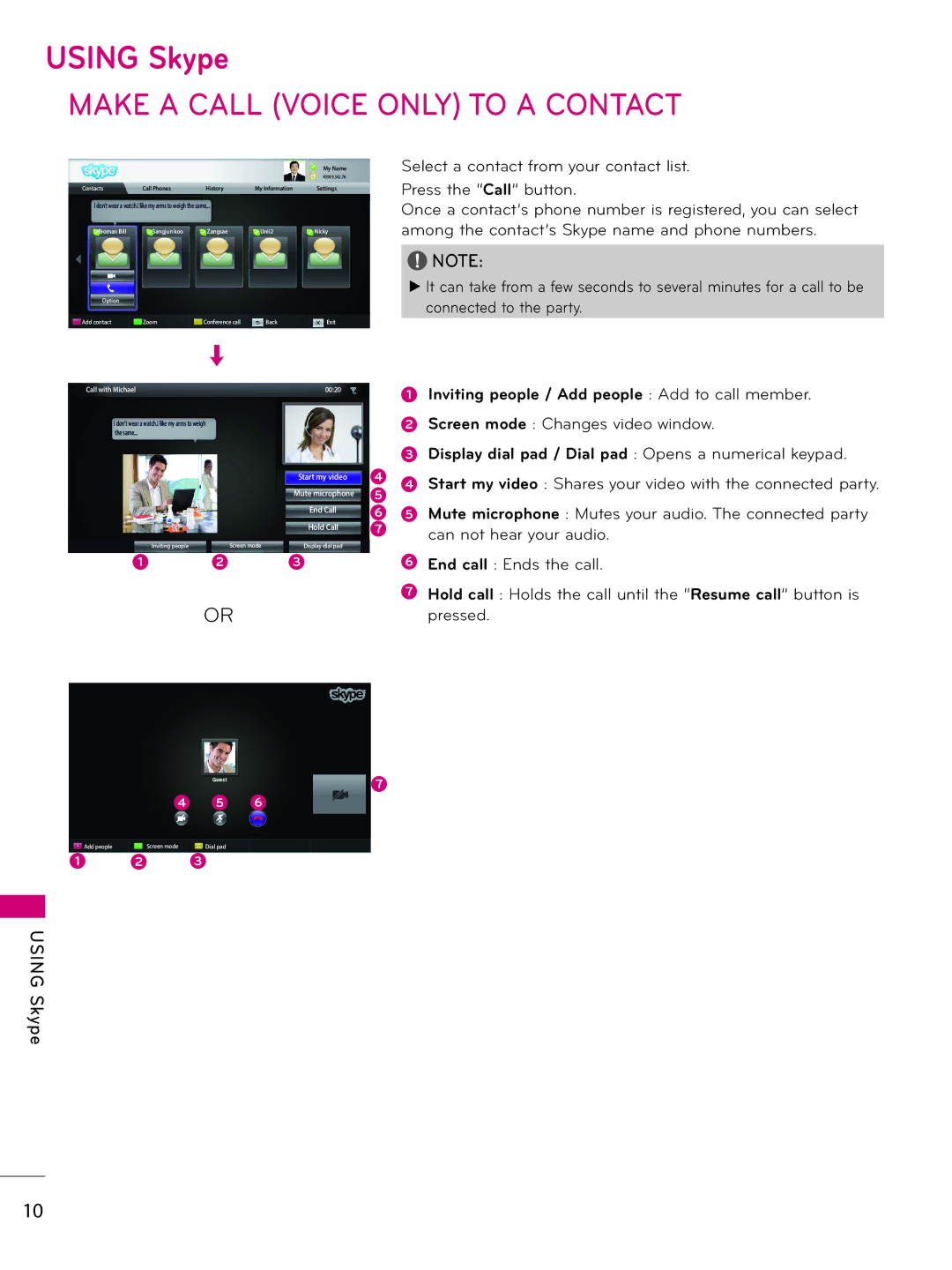 LG Electronics AN-VC400 owner manual Make a Call Voice only to a Contact, Press.the. Call.button 