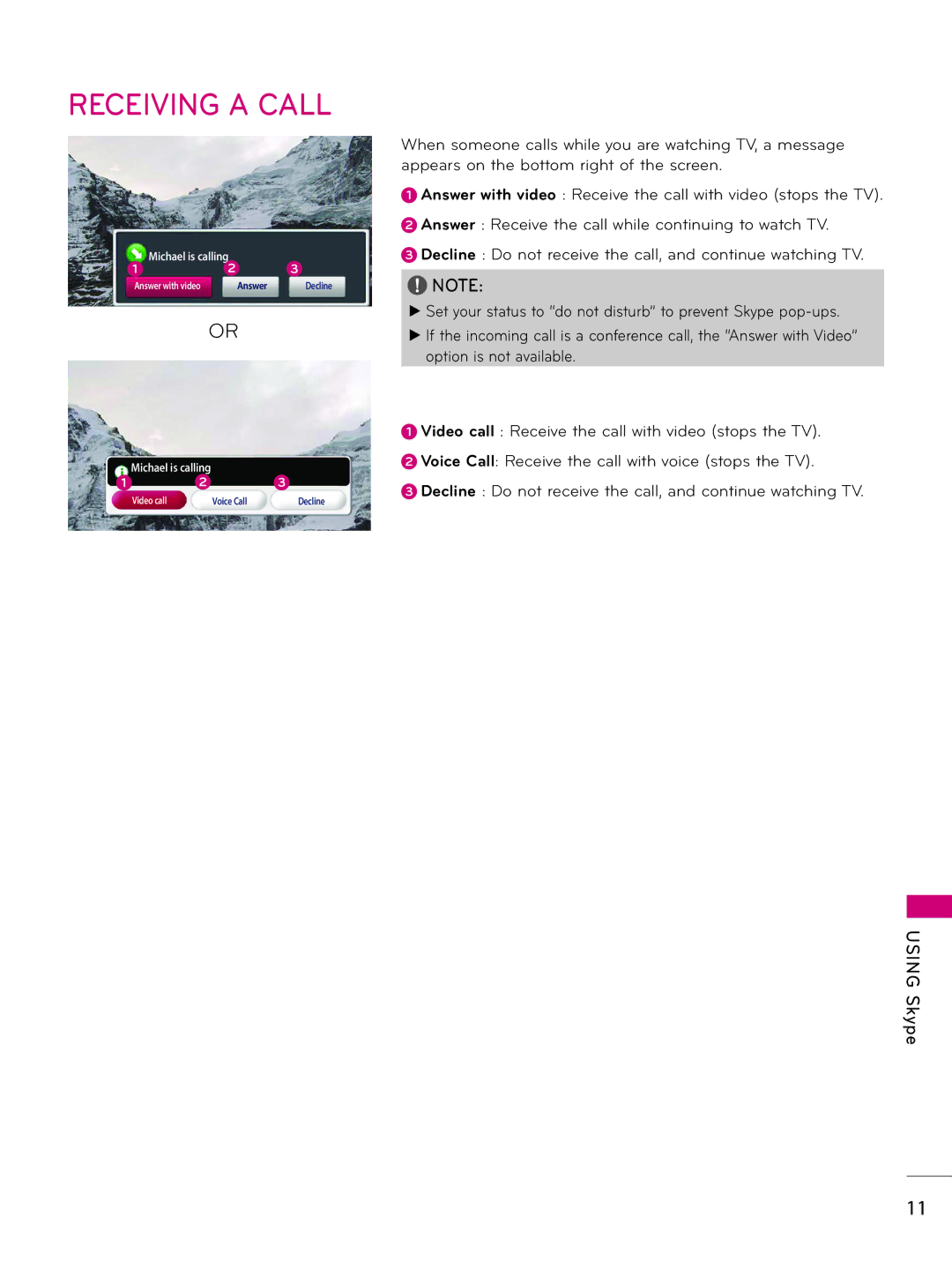 LG Electronics AN-VC400 owner manual Receiving a Call 