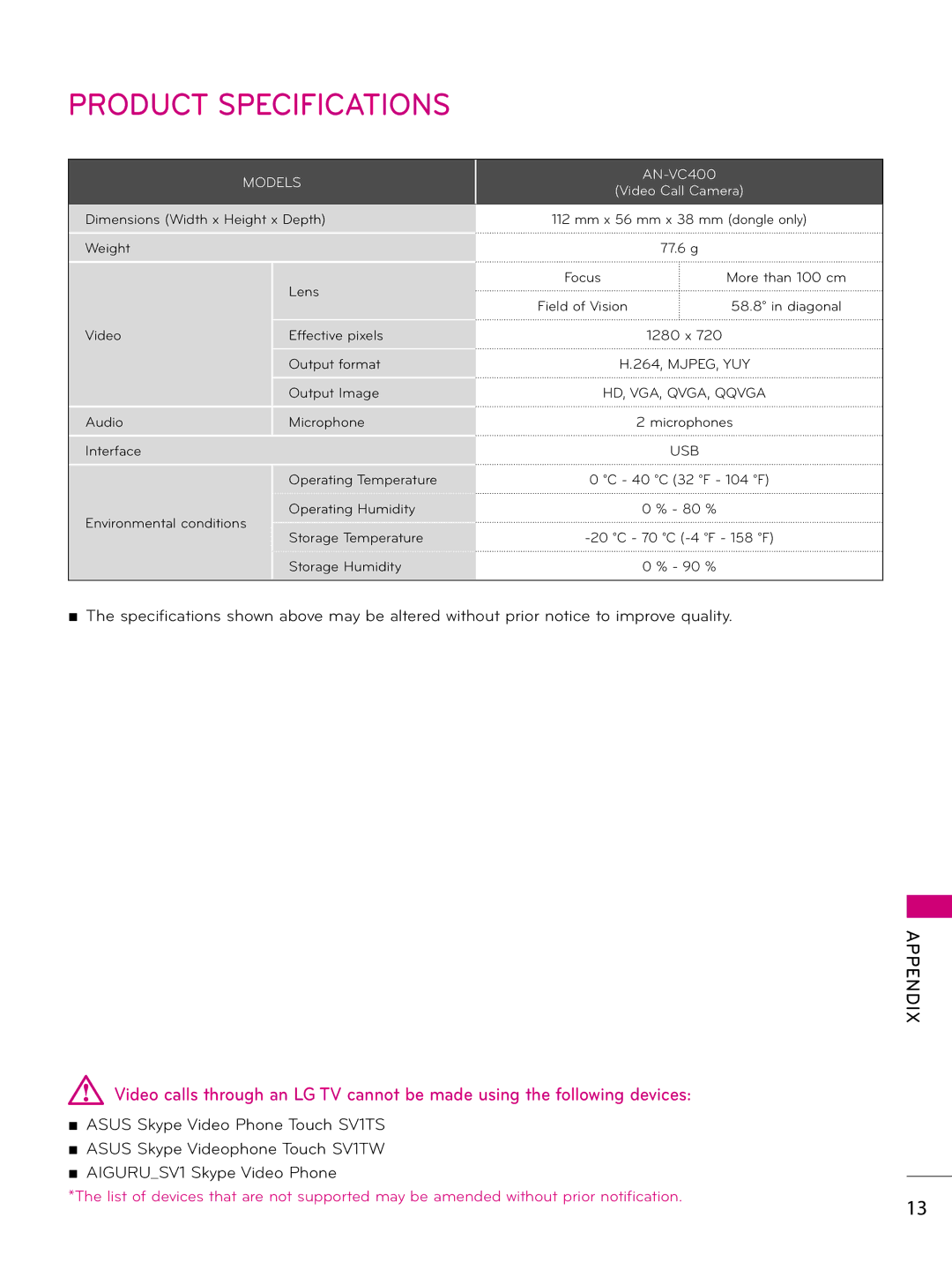 LG Electronics AN-VC400 owner manual Product Specifications, Models 