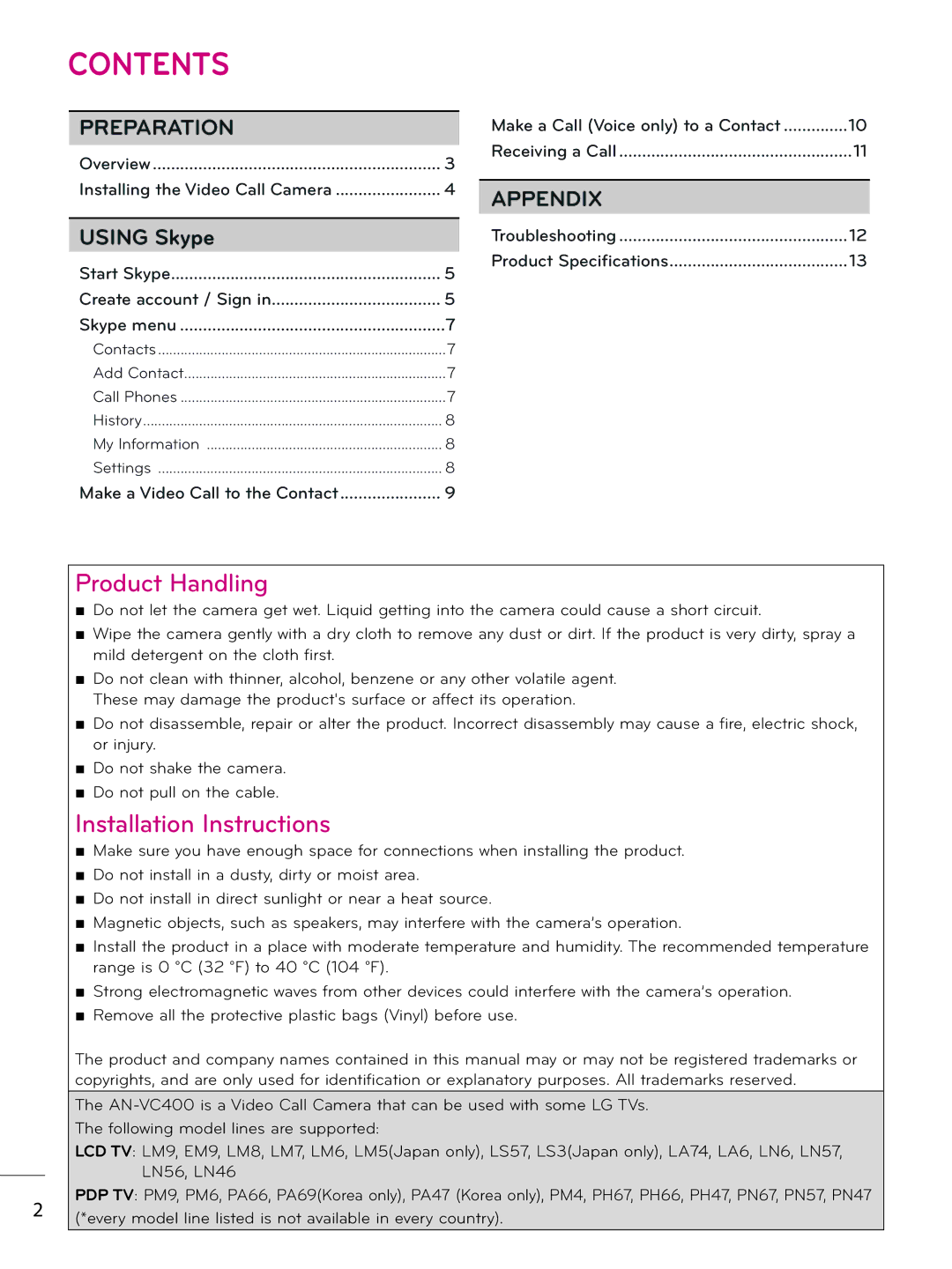 LG Electronics AN-VC400 owner manual Contents 