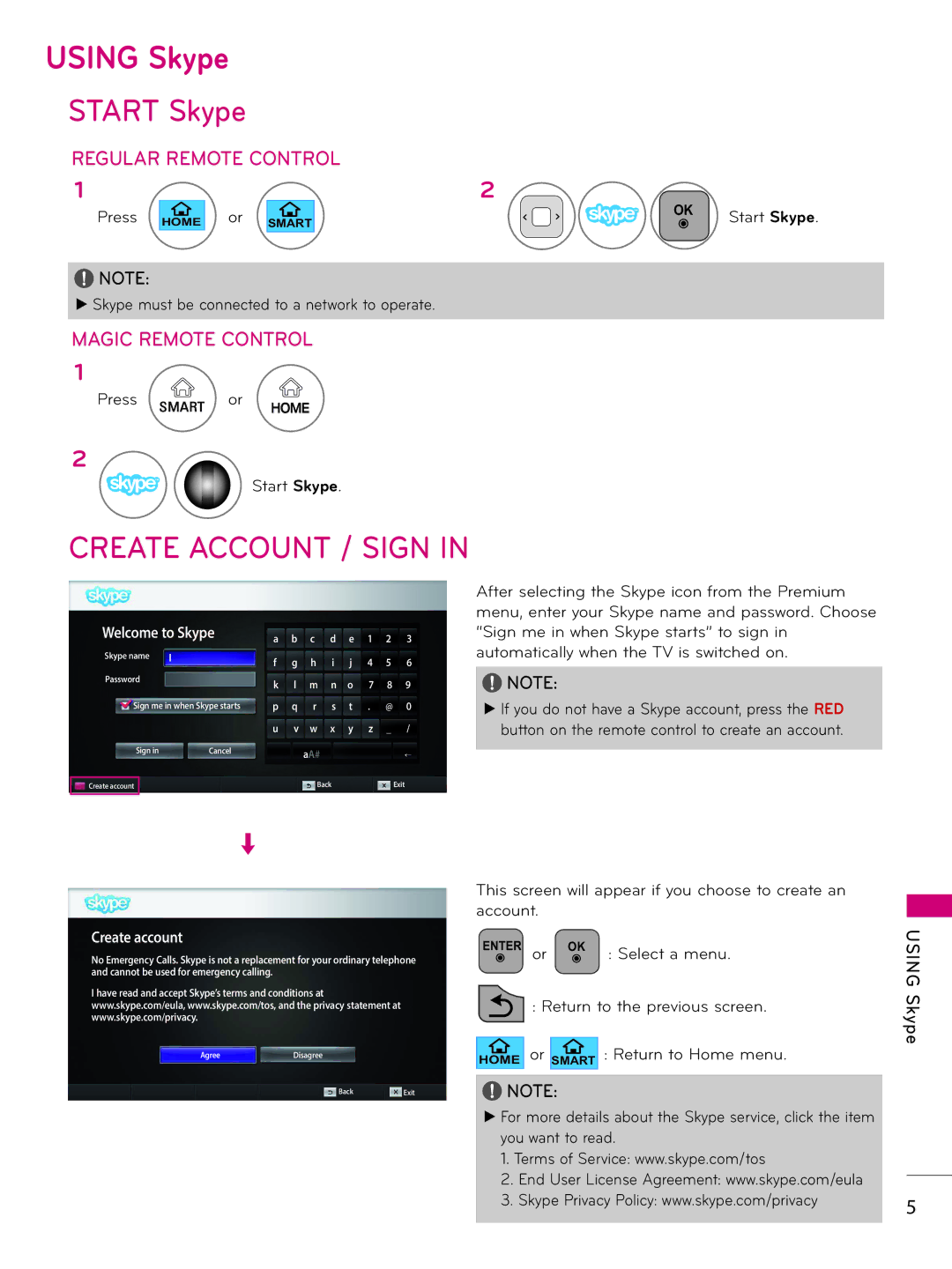 LG Electronics AN-VC400 owner manual Using Skype, Create Account / Sign 