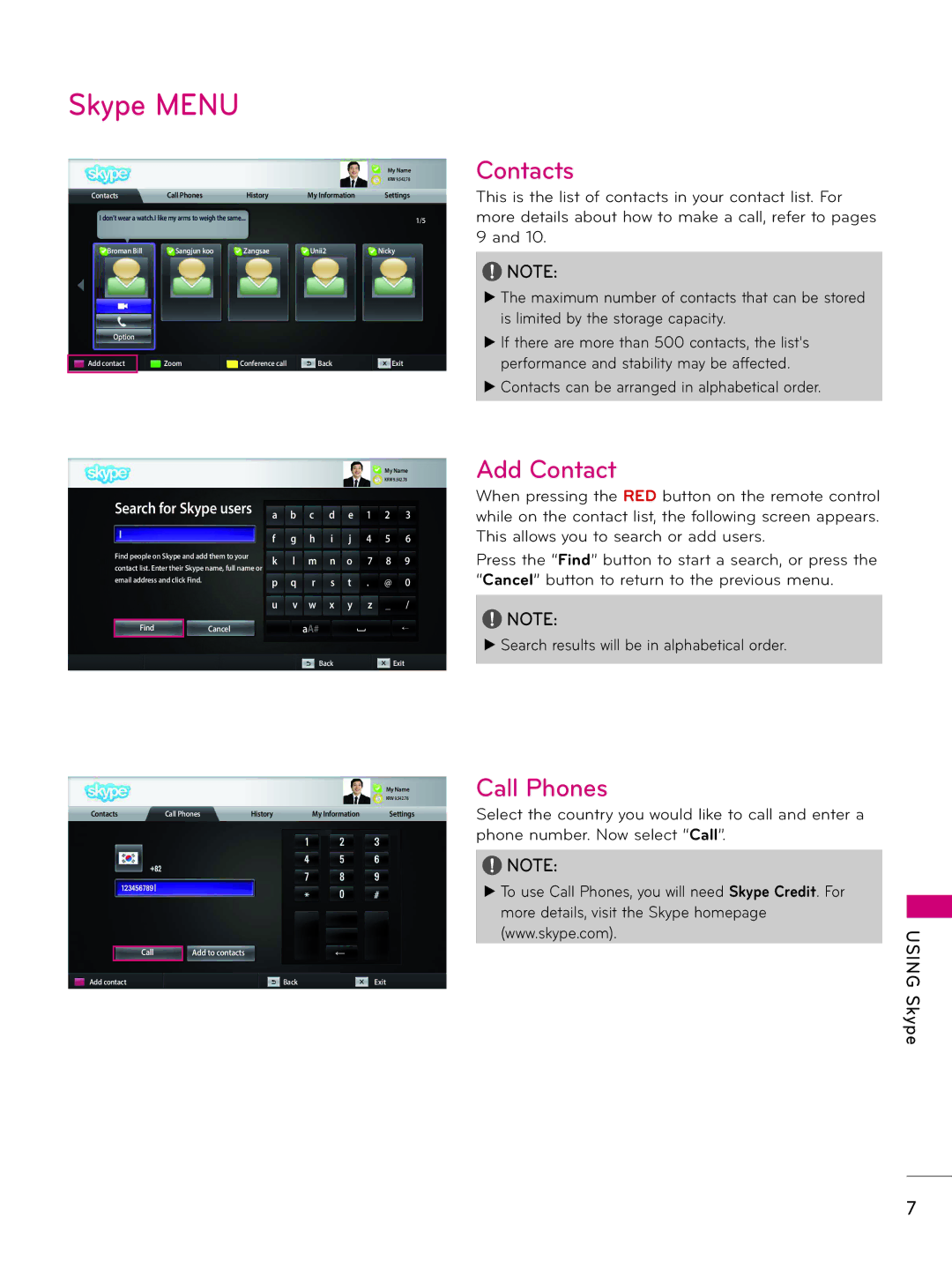 LG Electronics AN-VC400 owner manual Contacts, Add Contact, Call Phones 