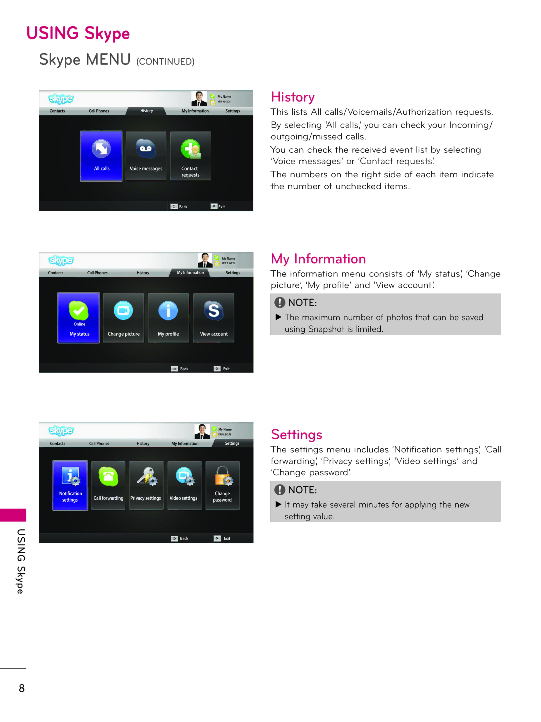 LG Electronics AN-VC400 owner manual History, My Information, Settings 