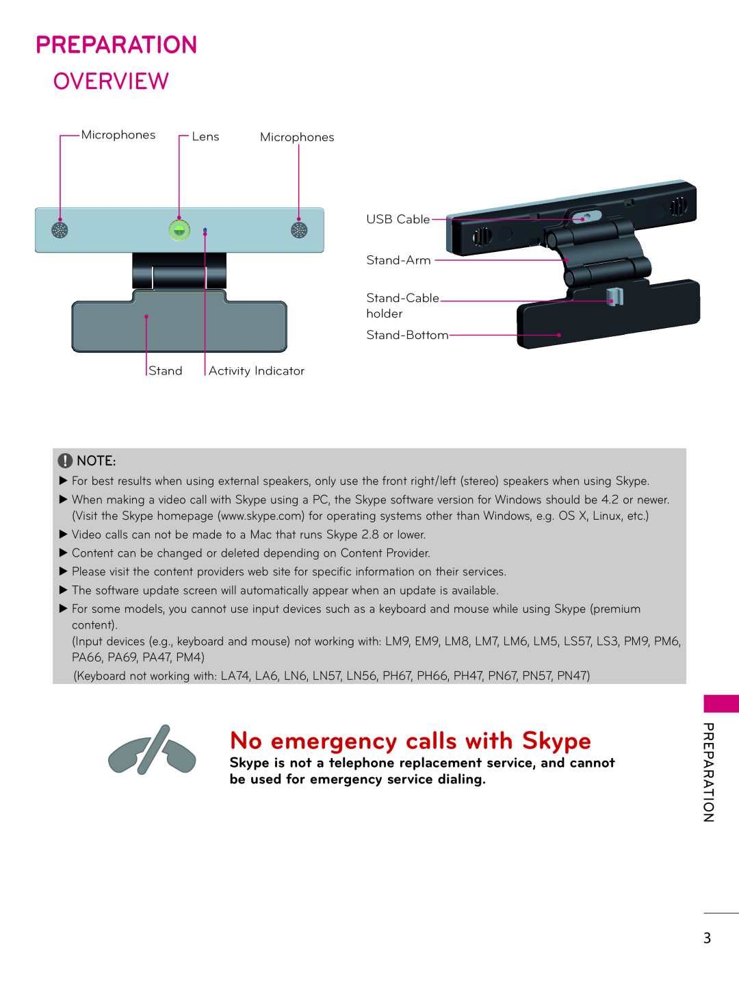 LG Electronics AN-VC400 owner manual Preparation, Overview, No emergency calls with Skype 