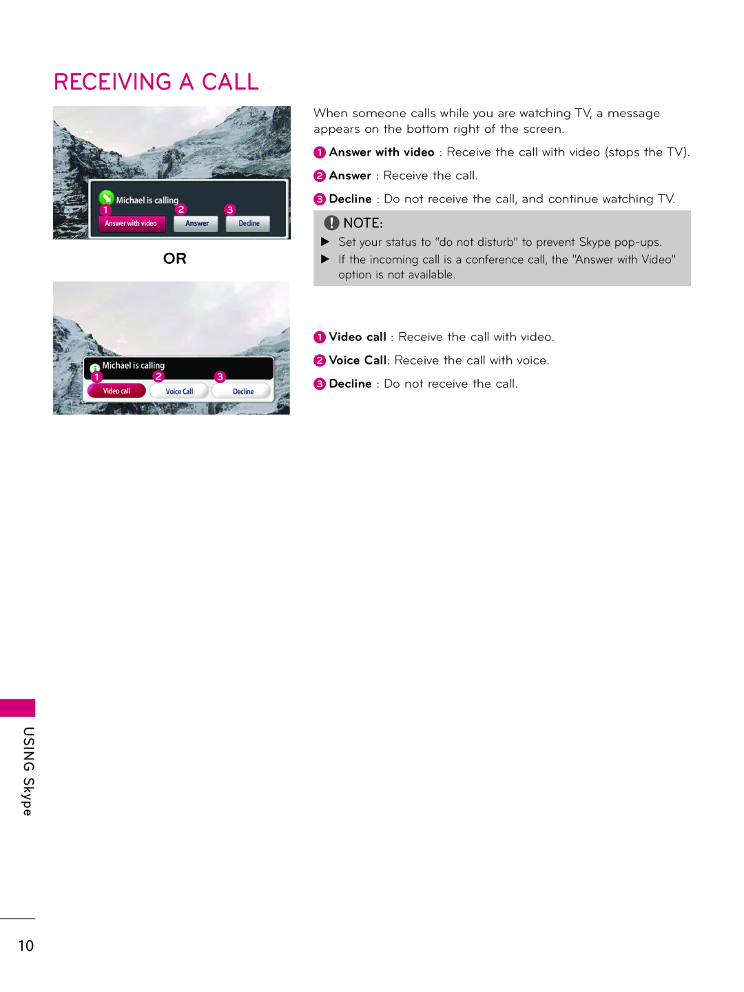 LG Electronics AN-VC500 owner manual Receiving a Call 