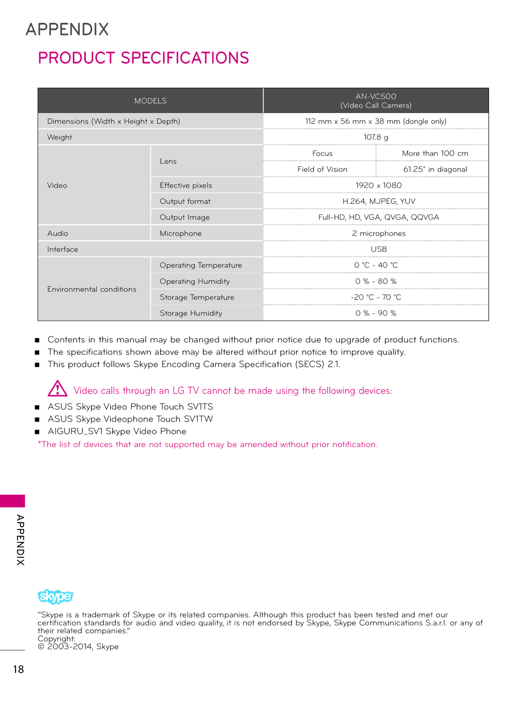 LG Electronics AN-VC500 owner manual Appendix, Product Specifications 