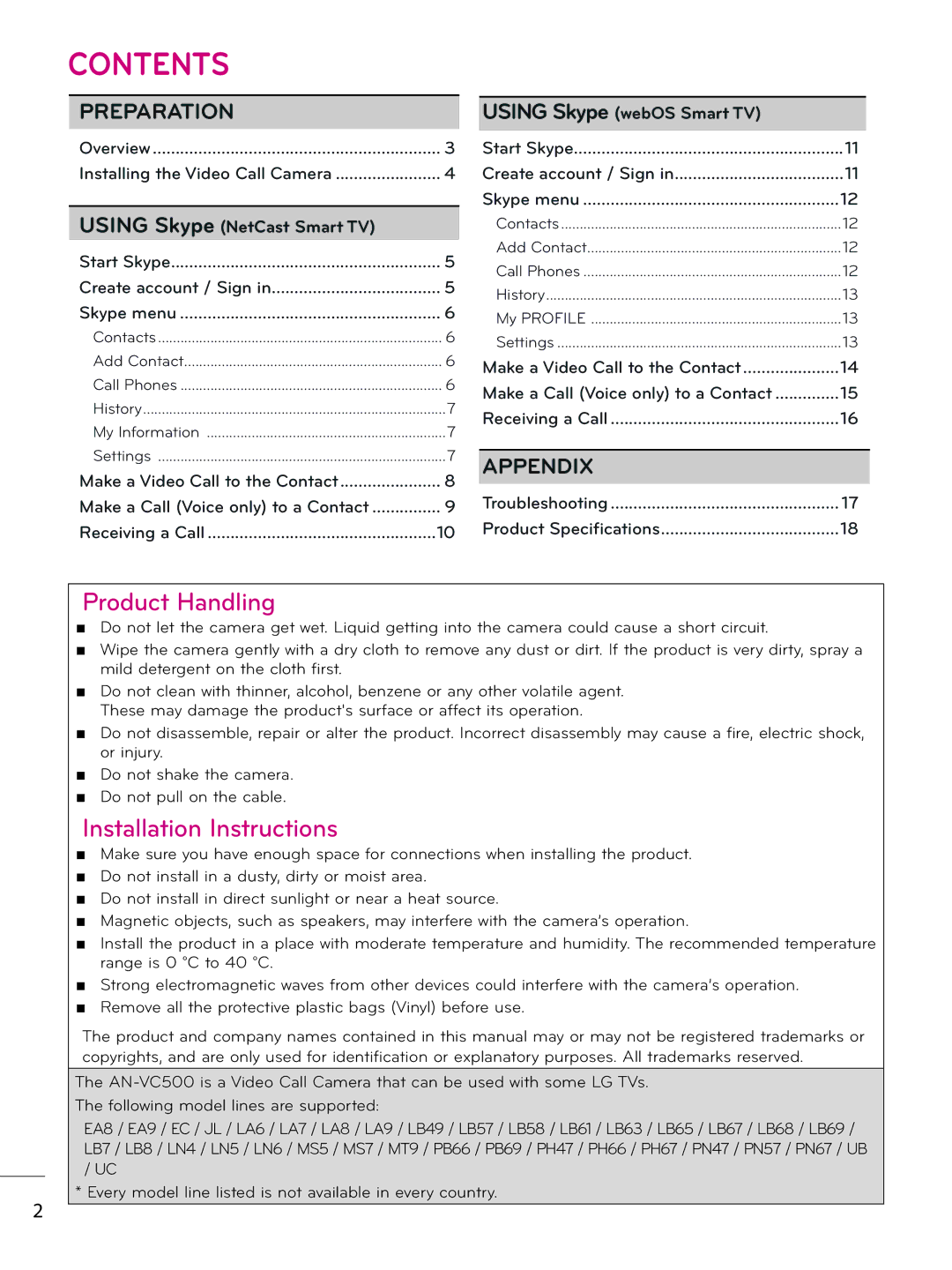 LG Electronics AN-VC500 owner manual Contents 