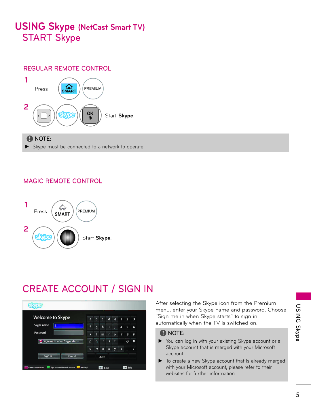 LG Electronics AN-VC500 owner manual Start Skype, Create Account / Sign 