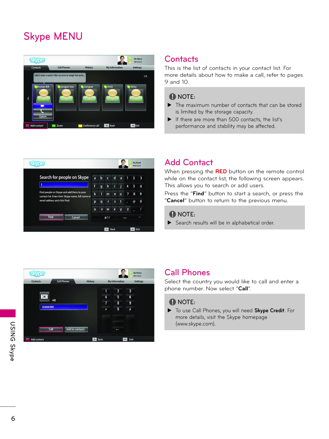 LG Electronics AN-VC500 owner manual Skype Menu 