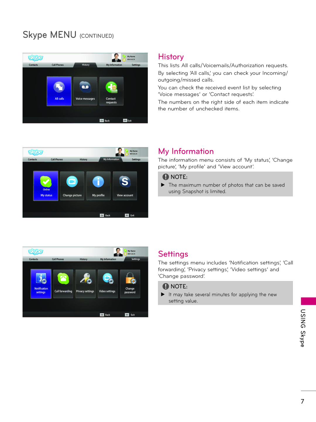 LG Electronics AN-VC500 owner manual Skype Menu 