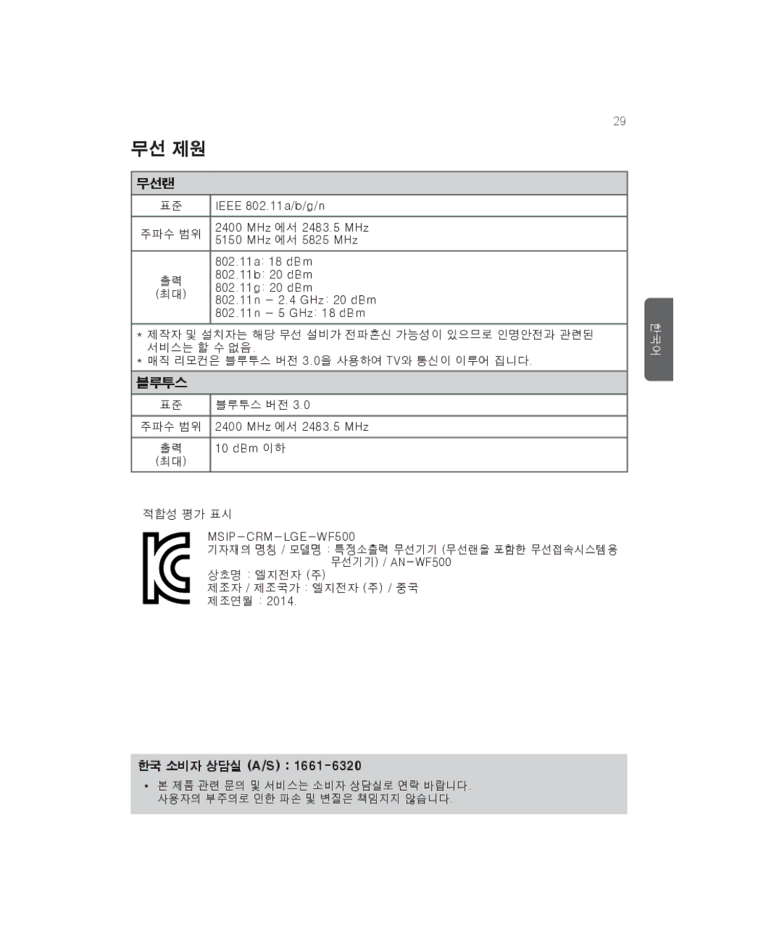 LG Electronics AN-WF500 owner manual 무선 제원 