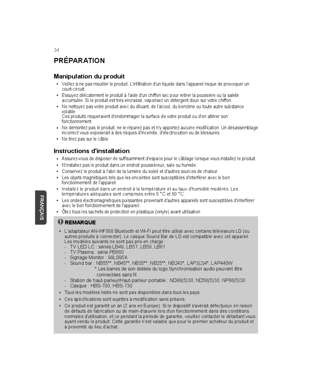 LG Electronics AN-WF500 owner manual Préparation, Manipulation du produit, Instructions dinstallation 