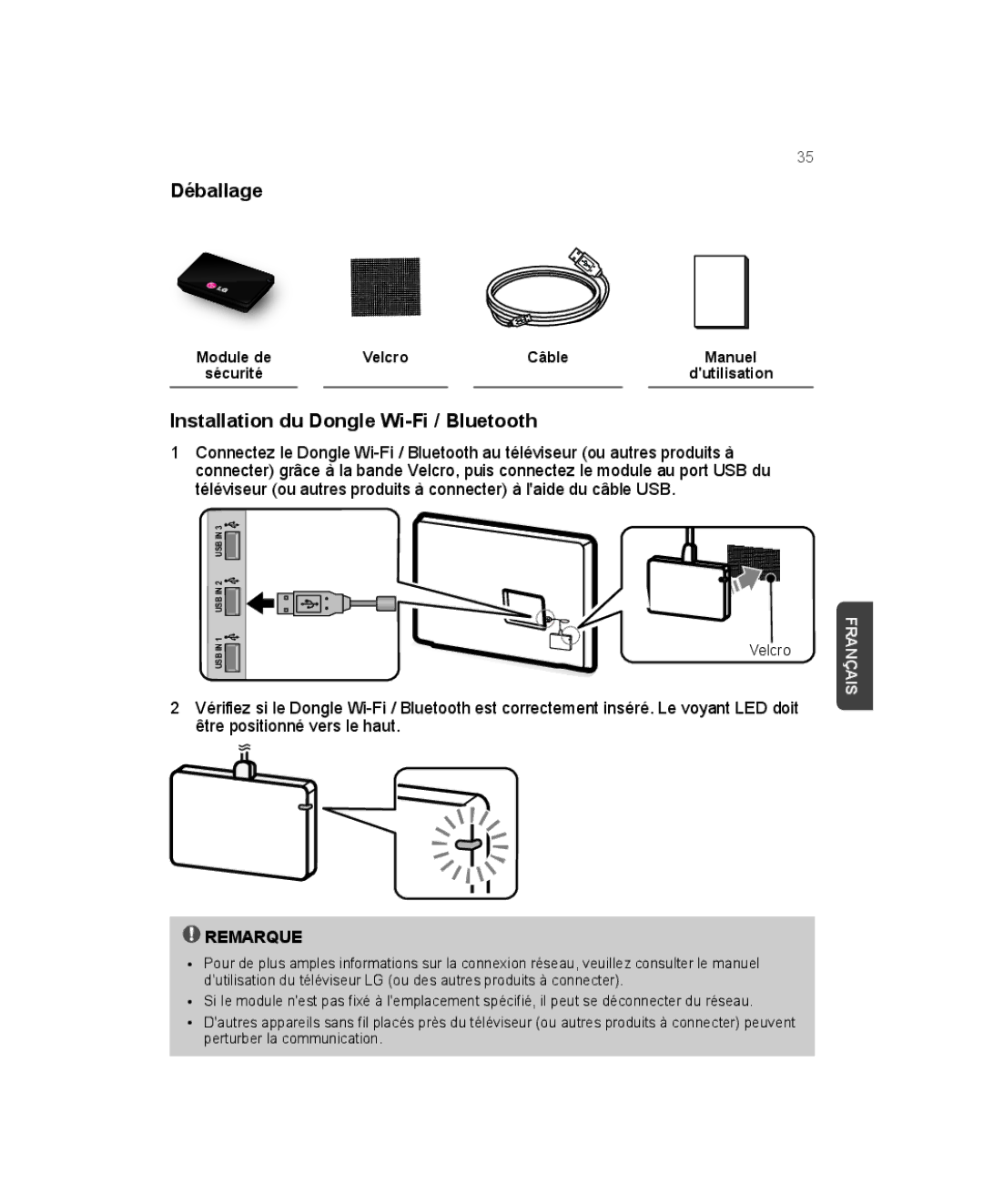 LG Electronics AN-WF500 owner manual Déballage, Installation du Dongle Wi-Fi / Bluetooth 