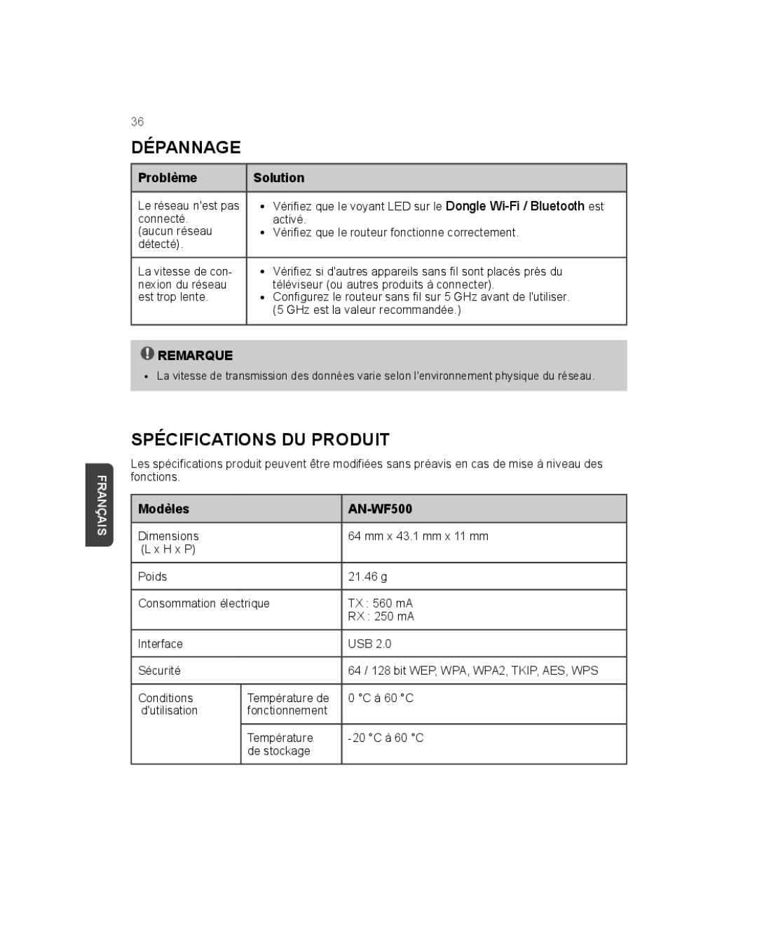 LG Electronics owner manual Dépannage, Spécifications du produit, Problème Solution, Modèles AN-WF500 