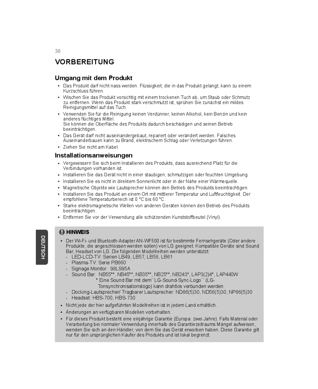 LG Electronics AN-WF500 owner manual Vorbereitung, Umgang mit dem Produkt, Installationsanweisungen 