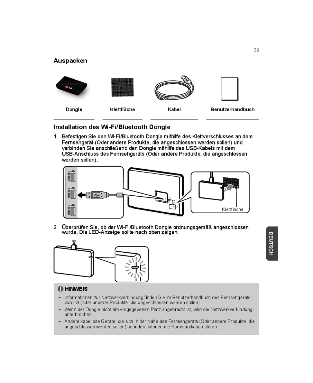 LG Electronics AN-WF500 owner manual Auspacken, Installation des Wi-Fi/Bluetooth Dongle, Dongle Klettfläche Kabel 