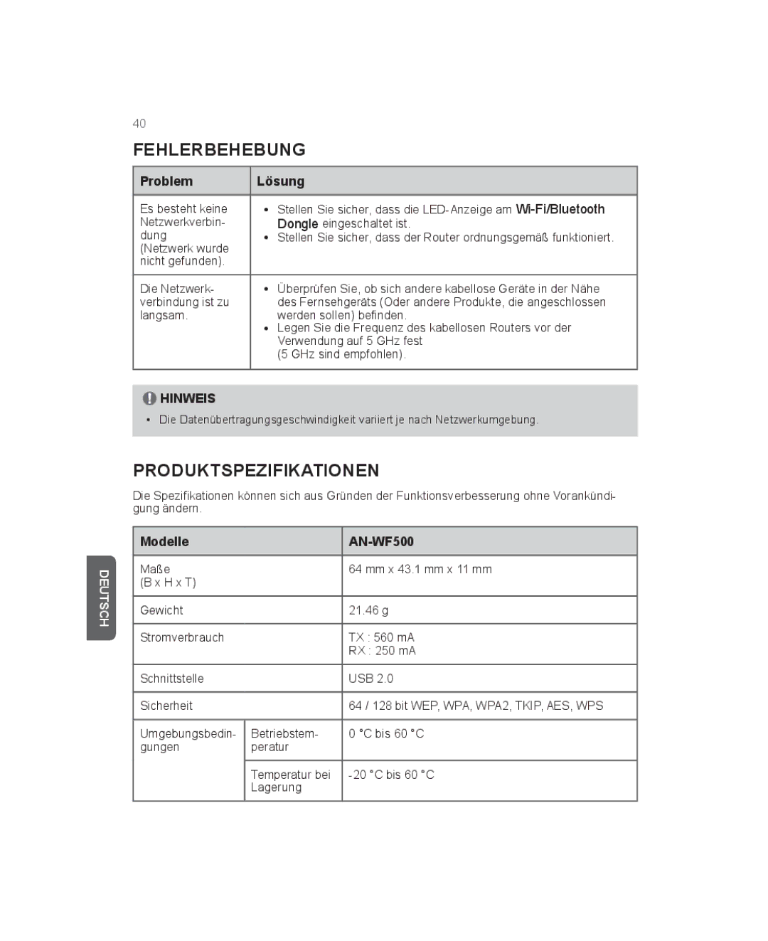 LG Electronics owner manual Fehlerbehebung, Produktspezifikationen, Problem Lösung, Modelle AN-WF500 