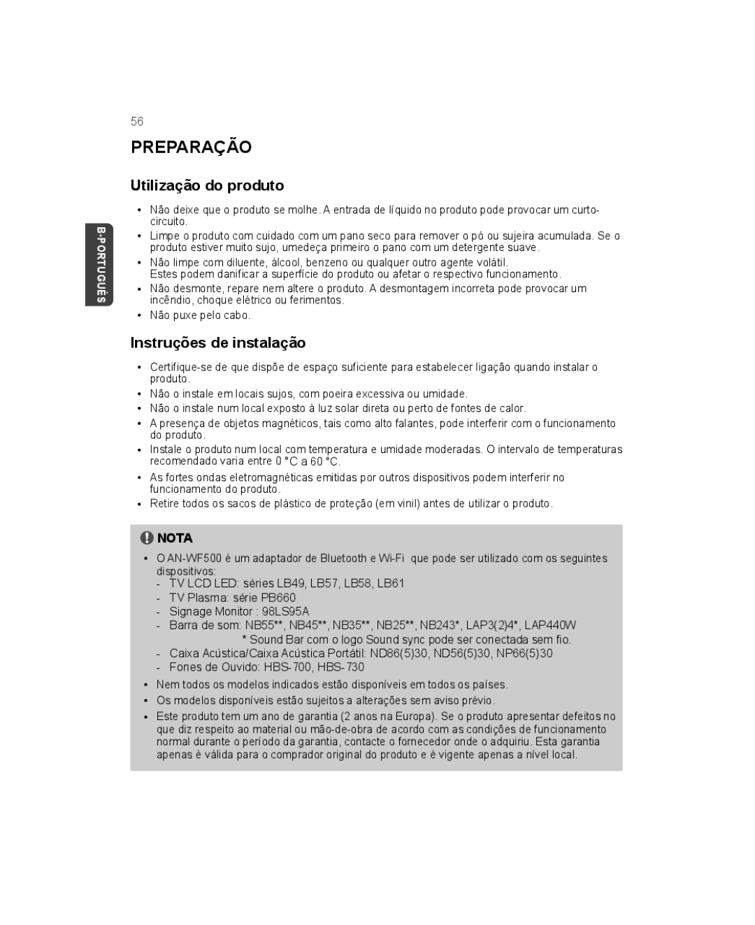 LG Electronics AN-WF500 owner manual Preparação, Utilização do produto, Instruções de instalação 