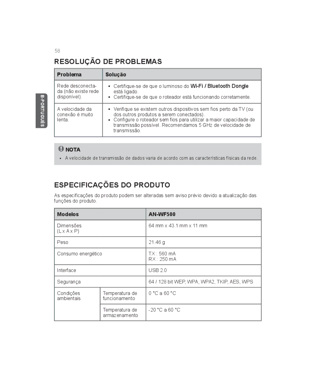 LG Electronics owner manual Resolução de problemas, Especificações do produto, Problema Solução, Modelos AN-WF500 