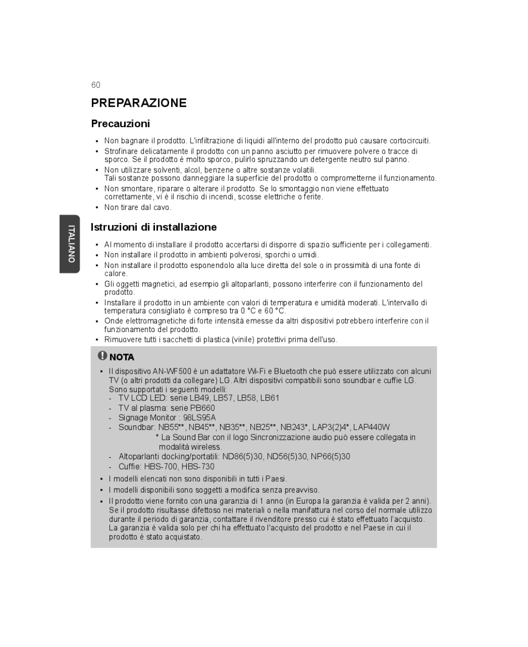 LG Electronics AN-WF500 owner manual Preparazione, Precauzioni, Istruzioni di installazione 