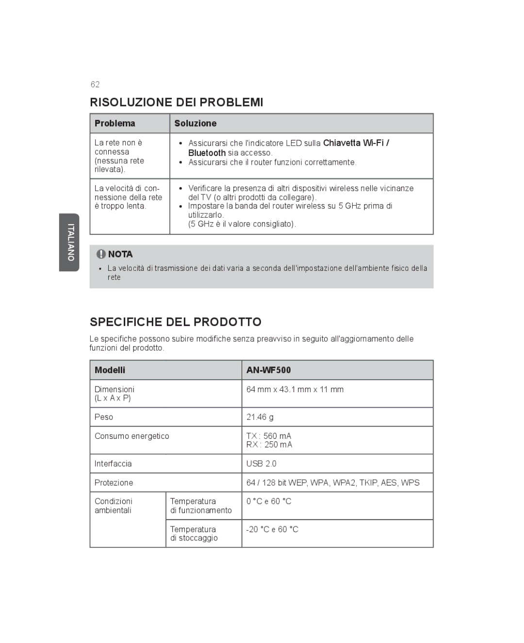 LG Electronics owner manual Risoluzione dei problemi, Specifiche del prodotto, Problema Soluzione, Modelli AN-WF500 