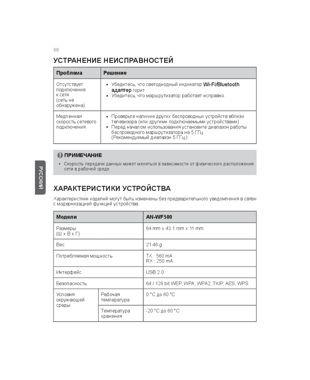 LG Electronics owner manual Устранение неисправностей, Характеристики устройства, Проблема Решение, Модели AN-WF500 