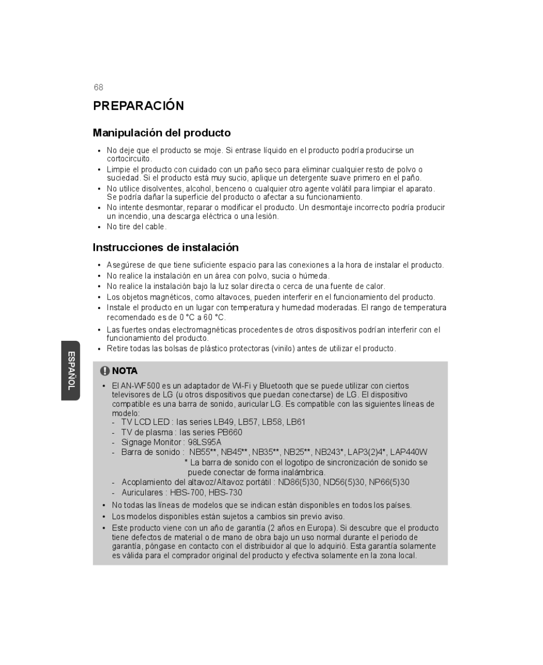 LG Electronics AN-WF500 owner manual Preparación, Manipulación del producto, Instrucciones de instalación 