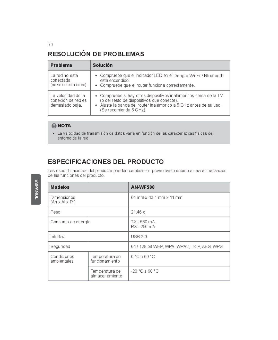 LG Electronics AN-WF500 owner manual Resolución de problemas, Especificaciones del producto, Problema Solución 