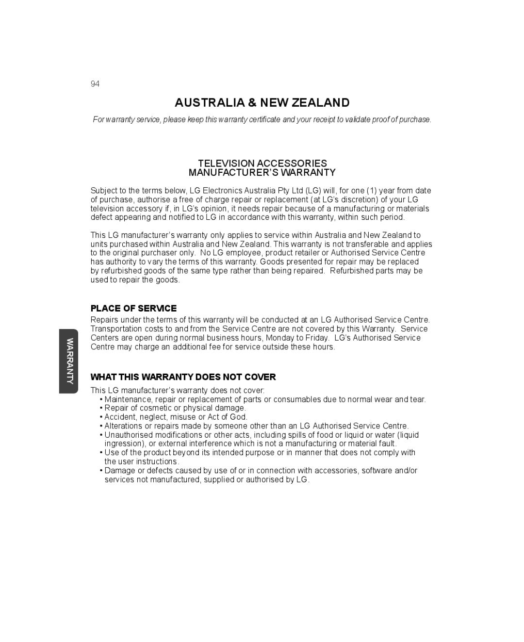 LG Electronics AN-WF500 owner manual Australia & NEW Zealand, Television Accessories MANUFACTURER’S Warranty 