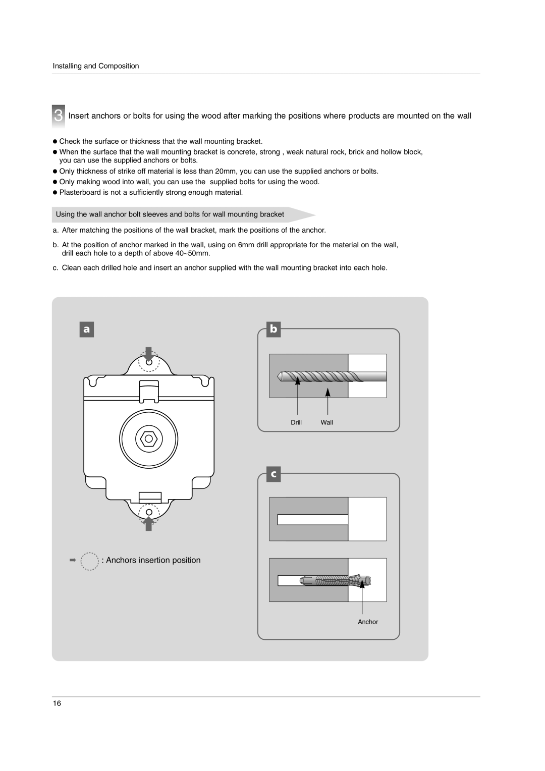 LG Electronics AN110W-JD, AN110B-JD owner manual Anchors insertion position 