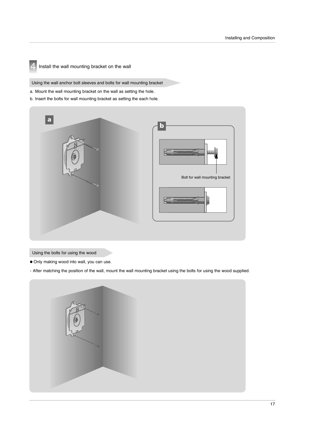 LG Electronics AN110B-JD, AN110W-JD owner manual Install the wall mounting bracket on the wall 