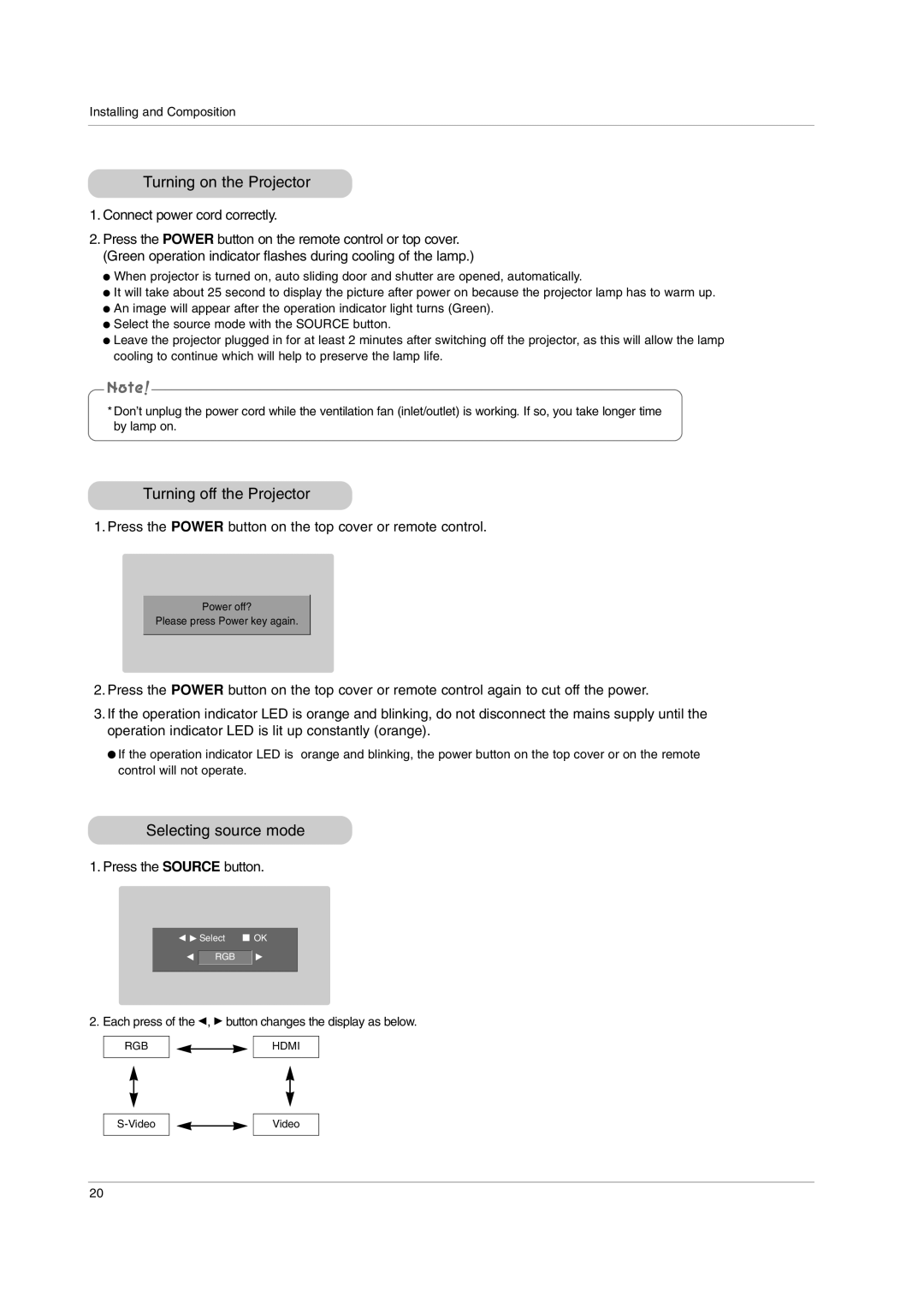 LG Electronics AN110W-JD, AN110B-JD owner manual Turning on the Projector, Turning off the Projector, Selecting source mode 