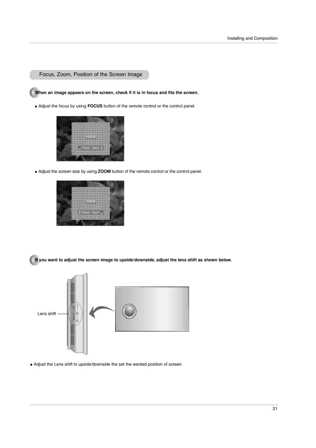 LG Electronics AN110B-JD, AN110W-JD owner manual Focus, Zoom, Position of the Screen Image 