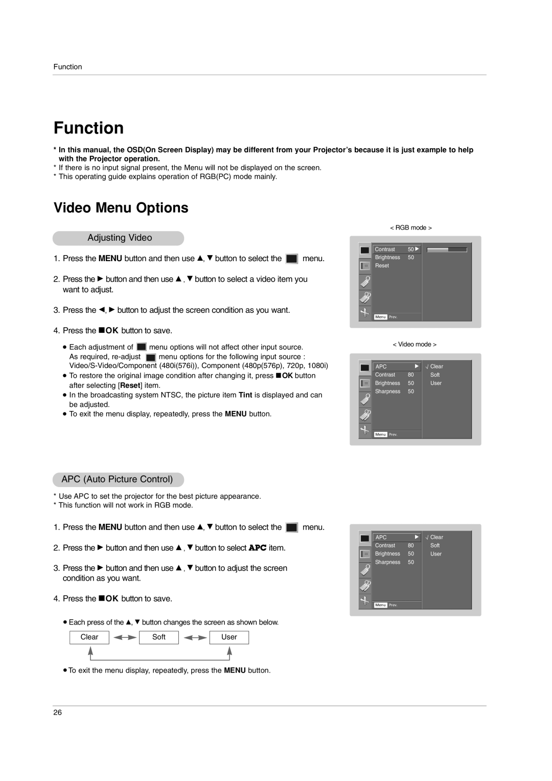 LG Electronics AN110W-JD, AN110B-JD owner manual Function, Adjusting Video, APC Auto Picture Control 