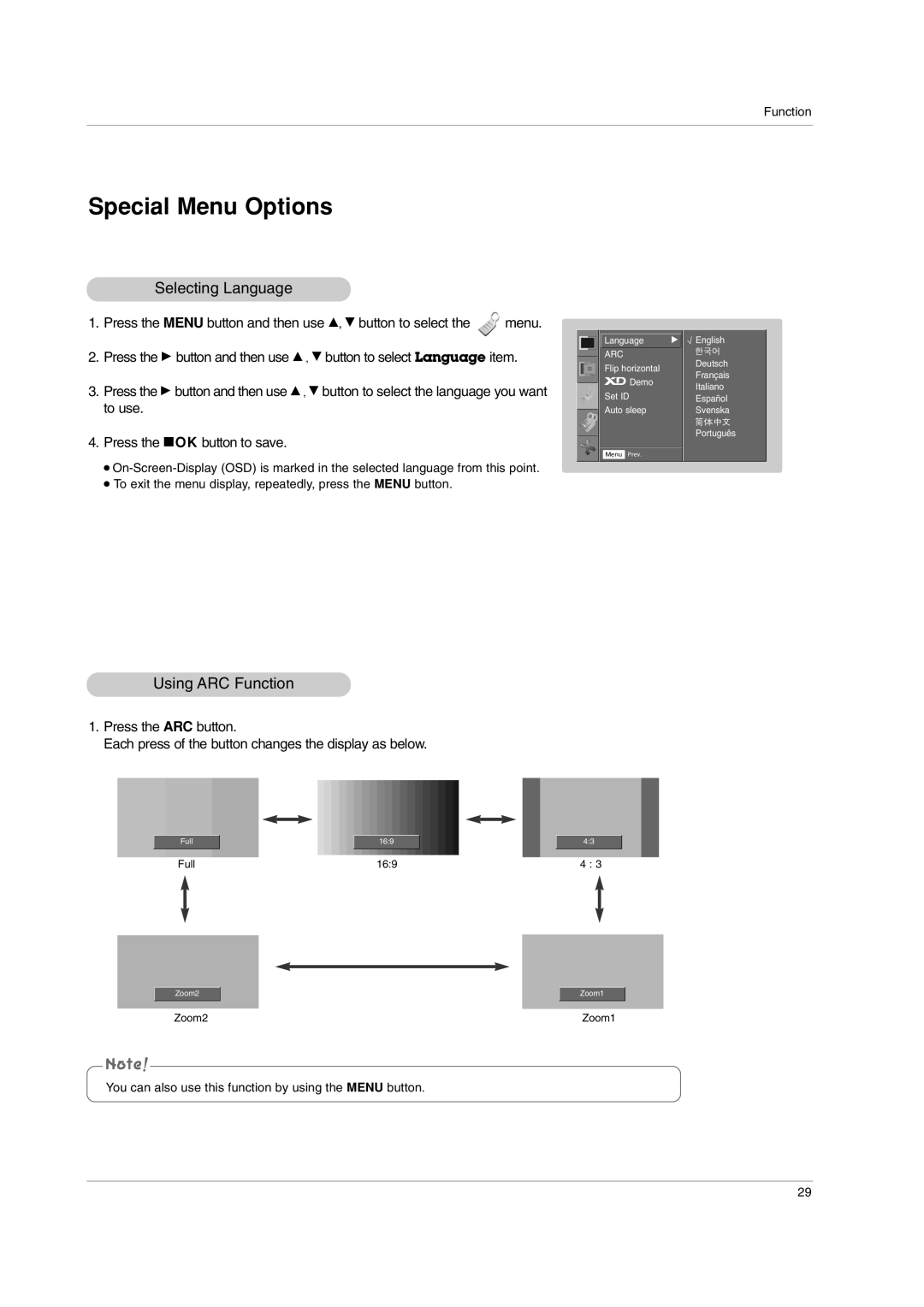 LG Electronics AN110B-JD Selecting Language, Using ARC Function, You can also use this function by using the Menu button 