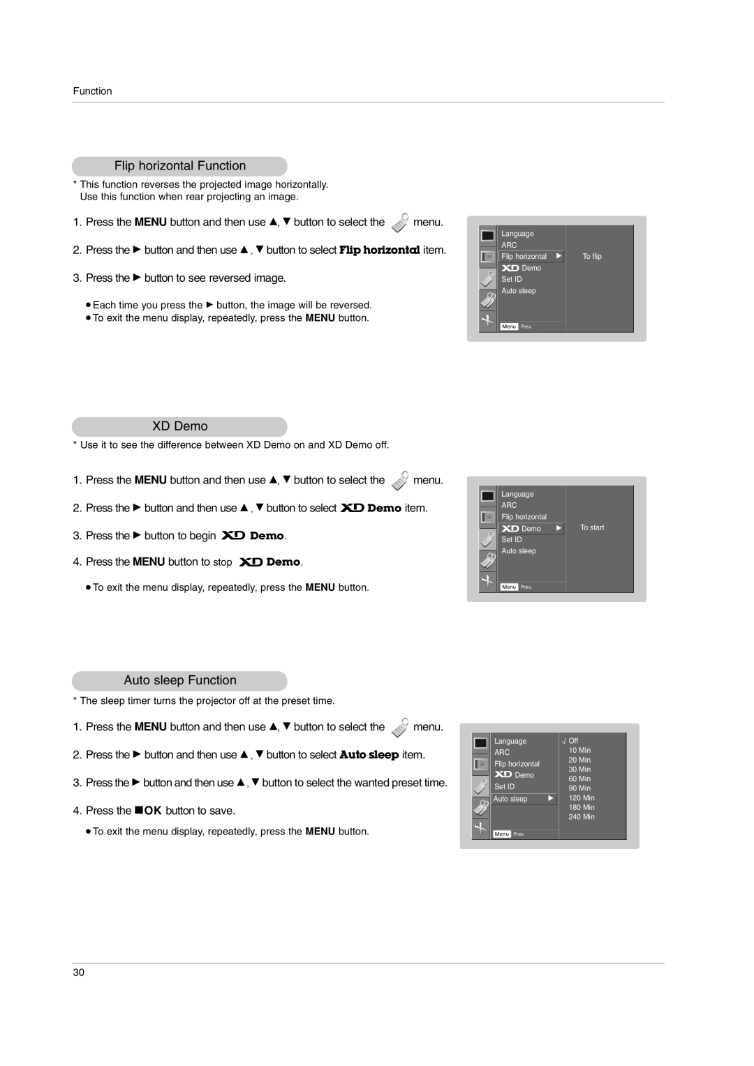 LG Electronics AN110W-JD, AN110B-JD owner manual Flip horizontal Function, XD Demo, Auto sleep Function 