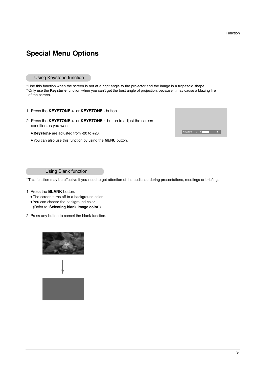 LG Electronics AN110B-JD, AN110W-JD Using Keystone function, Using Blank function, Press the Keystone + or Keystone button 