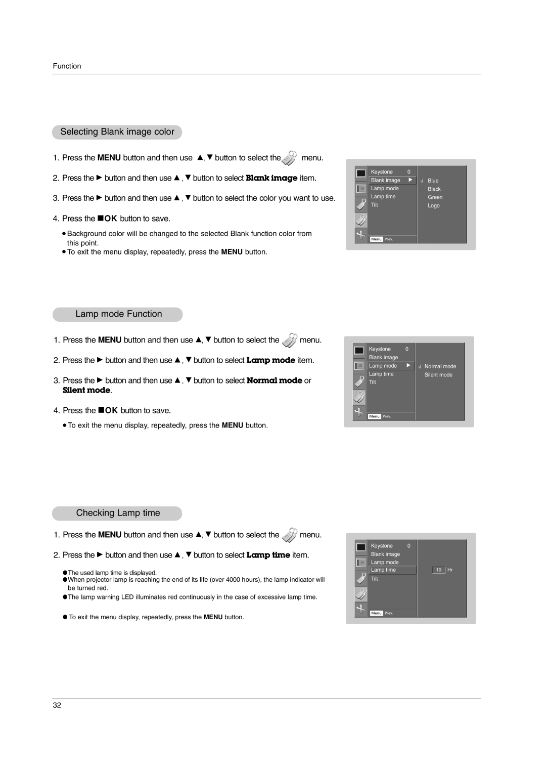 LG Electronics AN110W-JD, AN110B-JD owner manual Selecting Blank image color, Lamp mode Function, Checking Lamp time 