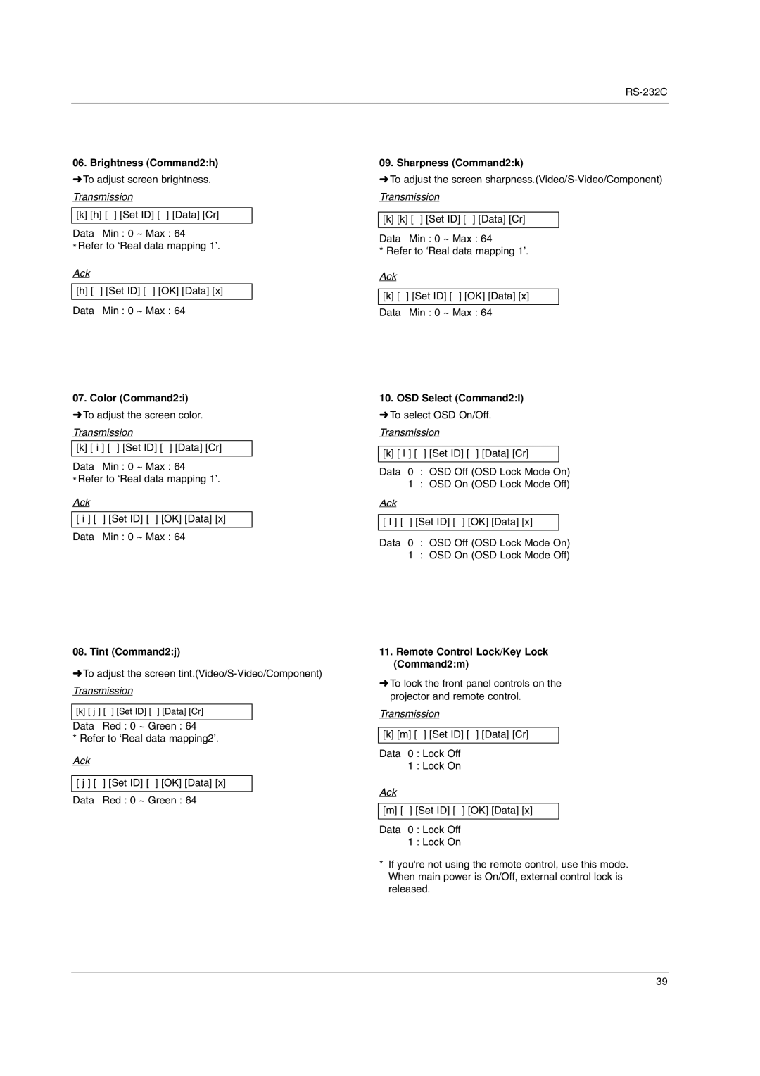 LG Electronics AN110B-JD Brightness Command2h, Color Command2i, Sharpness Command2k, OSD Select Command2l, Tint Command2j 