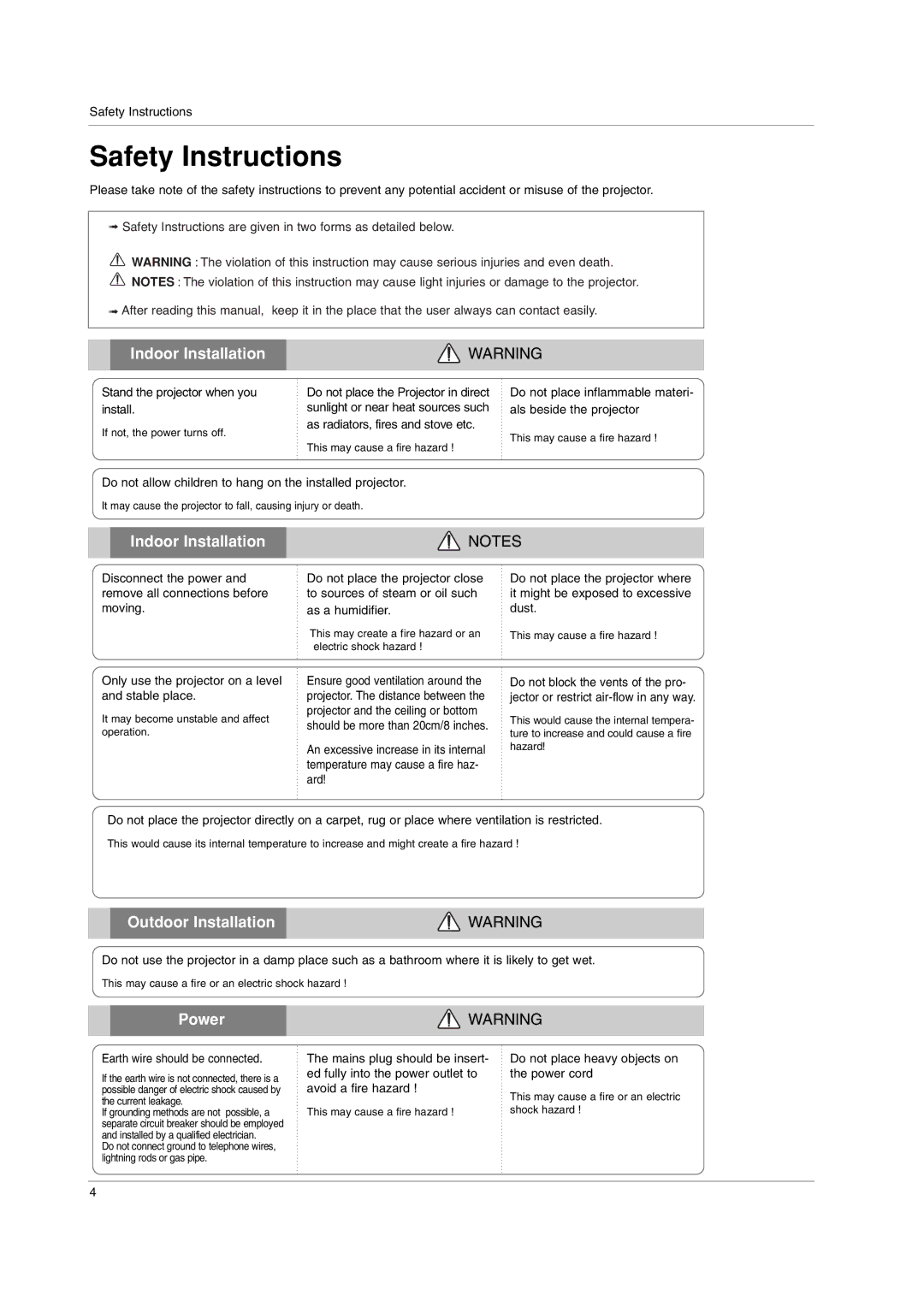 LG Electronics AN110W-JD, AN110B-JD owner manual Safety Instructions 