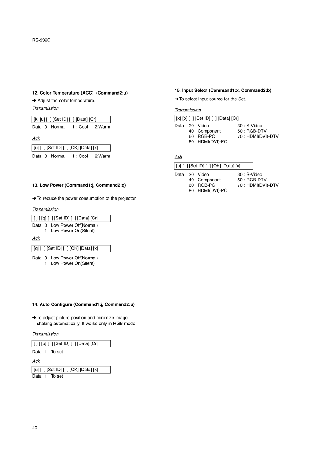 LG Electronics AN110W-JD, AN110B-JD owner manual Low Power Command1j, Command2q, Auto Configure Command1j, Command2u 