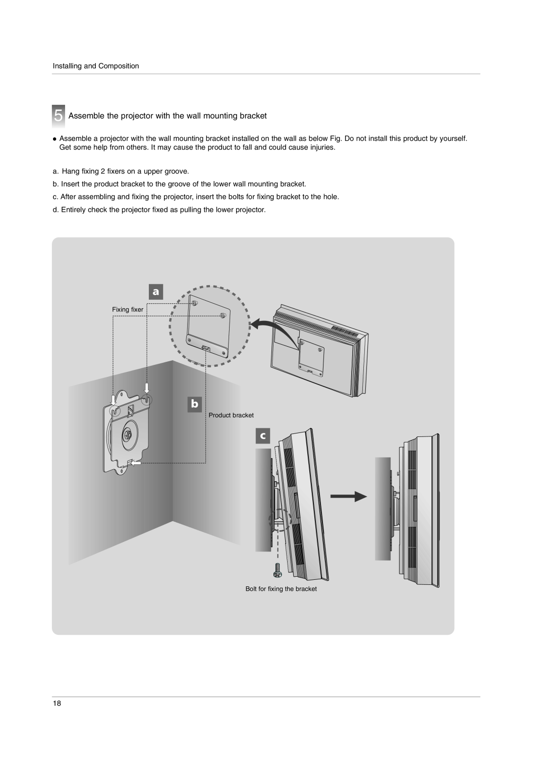 LG Electronics AN110W-JD, AN110B-JD owner manual Assemble the projector with the wall mounting bracket 