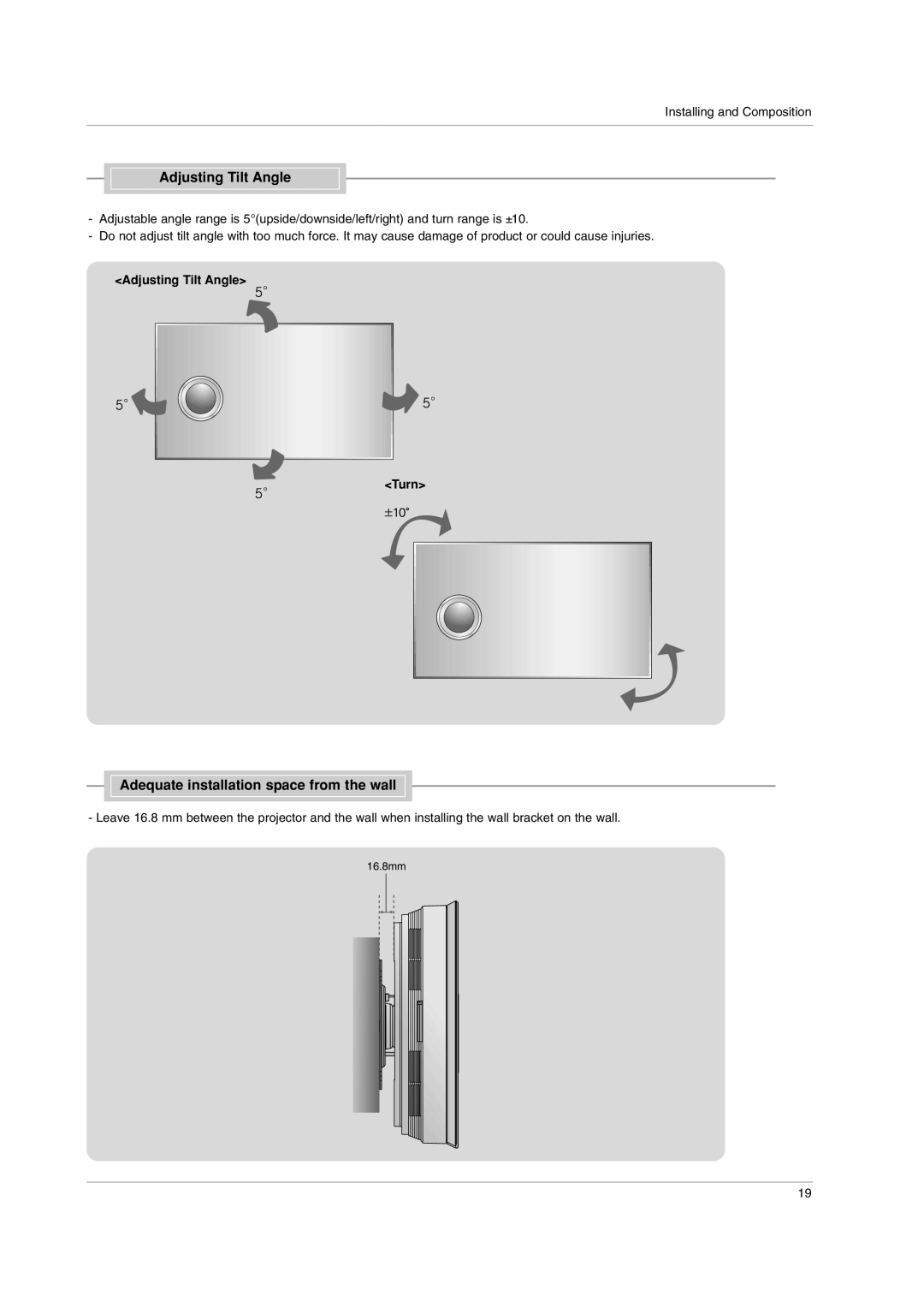 LG Electronics AN110B-JD, AN110W-JD owner manual Adequate installation space from the wall, Adjusting Tilt Angle Turn 