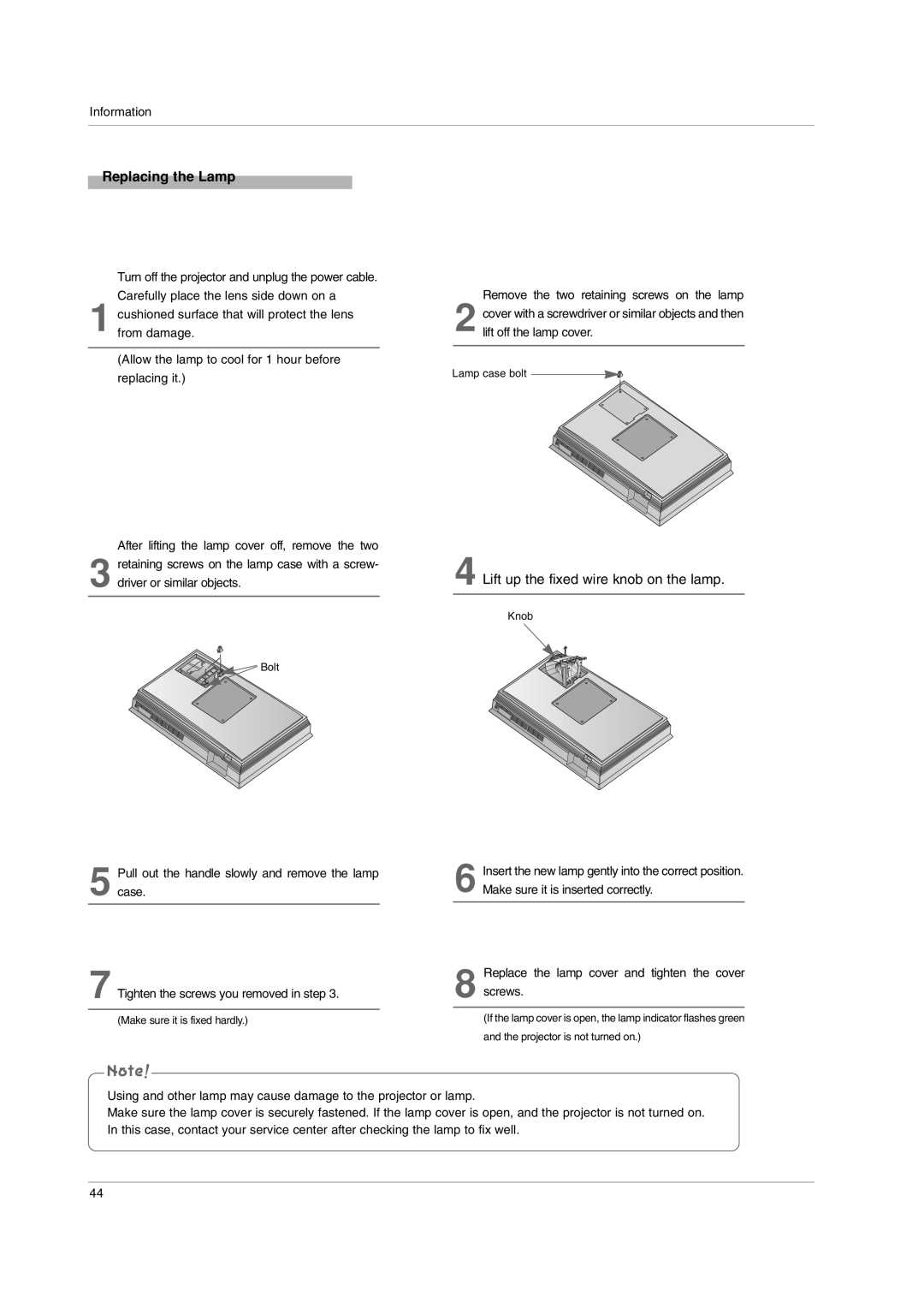 LG Electronics AN110W-JD, AN110B-JD owner manual Replacing the Lamp, Lift up the fixed wire knob on the lamp 