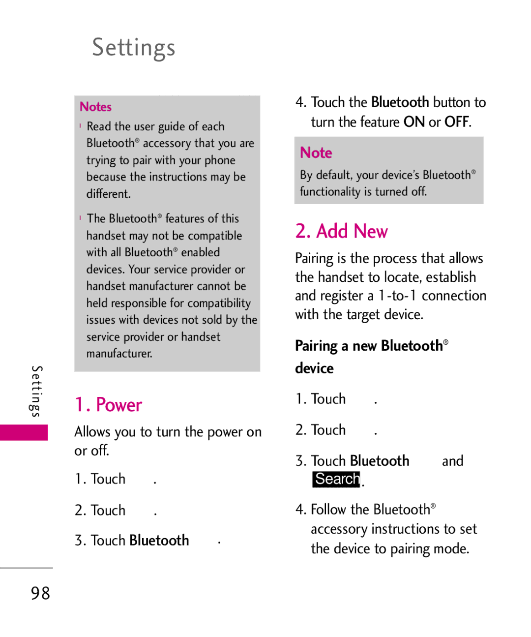 LG Electronics AN510 manual Add New, Power, Pairing a new Bluetooth device, Or off Touch Touch Bluetooth 