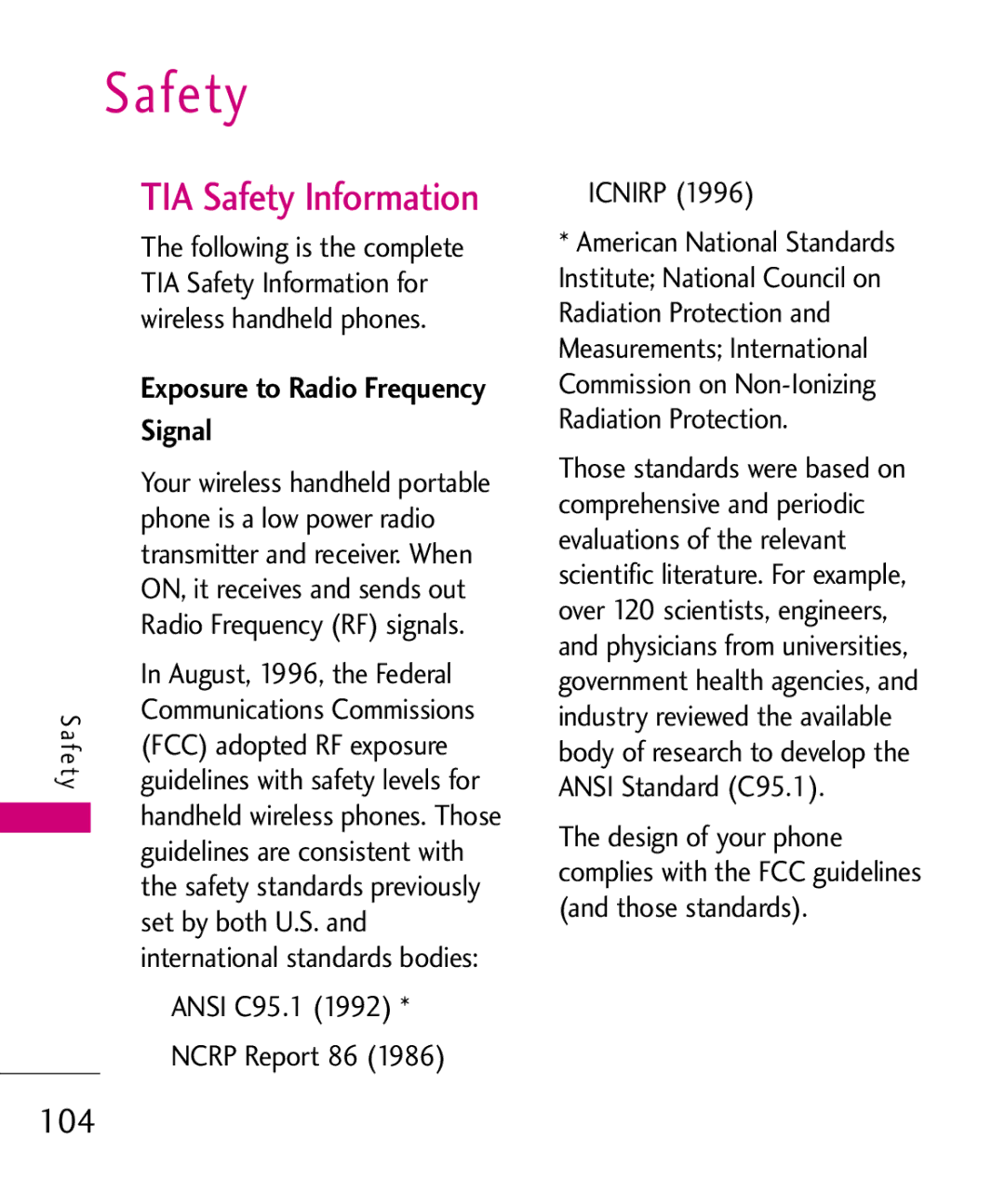 LG Electronics AN510 manual TIA Safety Information, 104, Exposure to Radio Frequency 