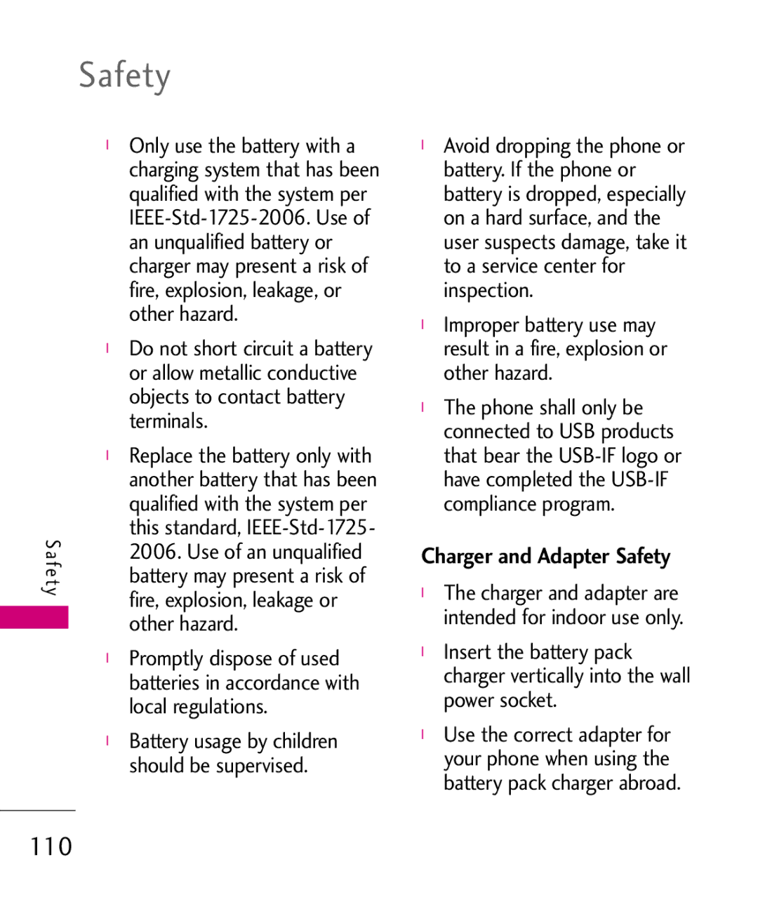 LG Electronics AN510 manual 110, Charger and Adapter Safety 