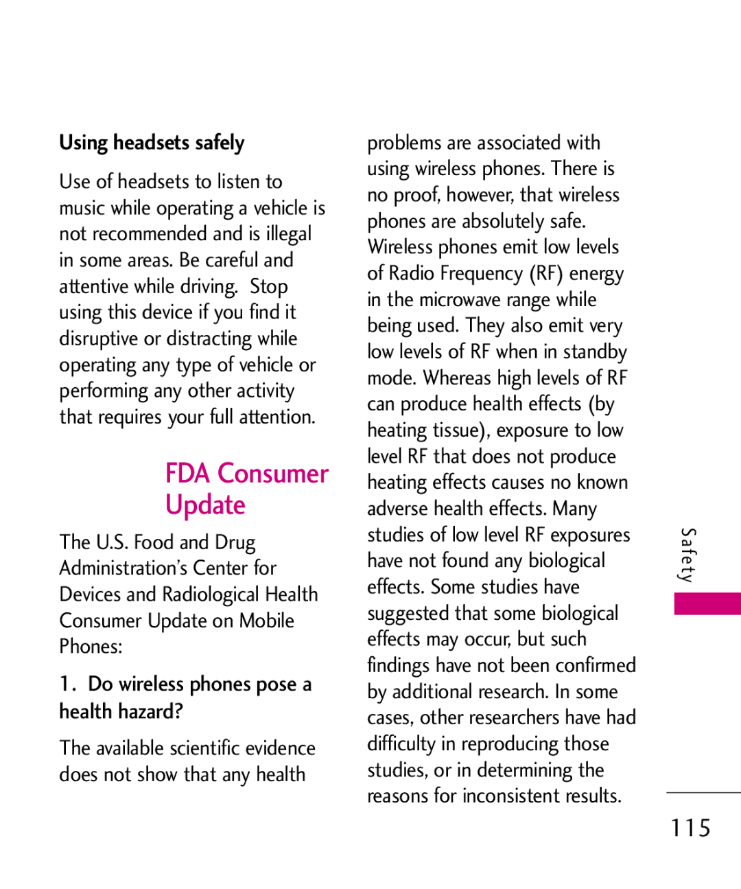 LG Electronics AN510 manual FDA Consumer Update, 115, Using headsets safely, Do wireless phones pose a health hazard? 