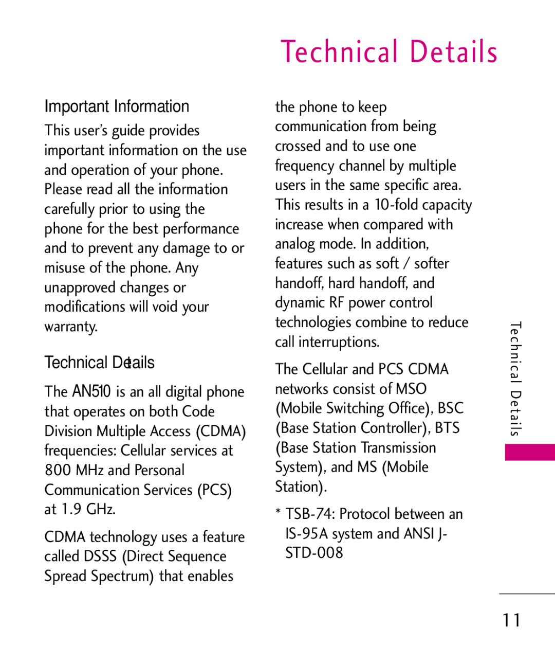 LG Electronics AN510 manual Technical Details, Important Information, Cellular and PCS Cdma 